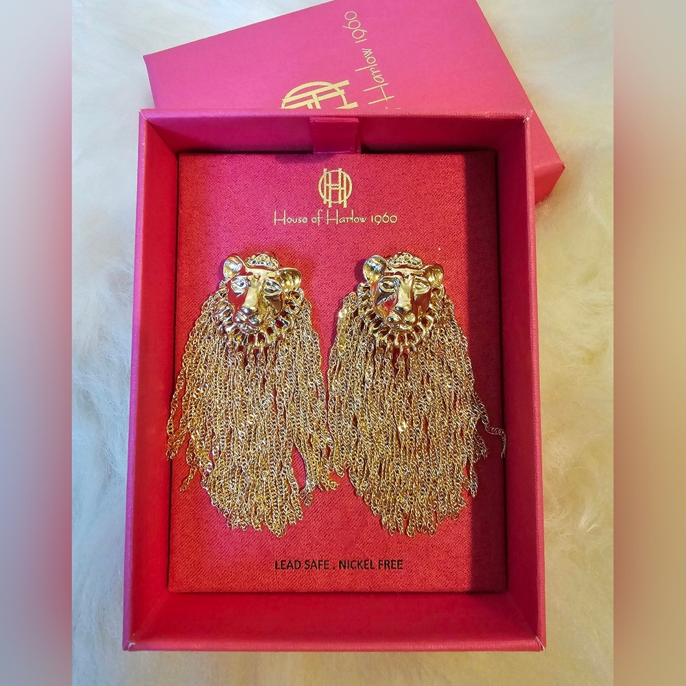 Brand New House of Harlow 1960 Gold Tone Lion Chandelier Chain Earrings